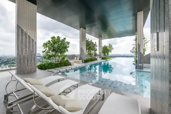 Luxurious rooftop pool with stunning city views and modern lounge chairs.