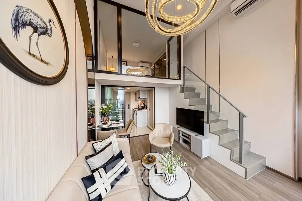 Modern duplex living room with stylish decor and mezzanine level