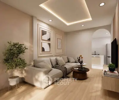 Elegant living room with modern decor and cozy seating area, perfect for relaxation and entertainment.