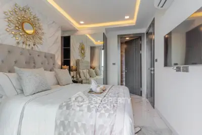 Luxurious modern bedroom with elegant decor and ambient lighting