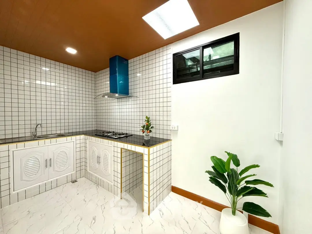 Modern kitchen with sleek gas stove and stylish tile design