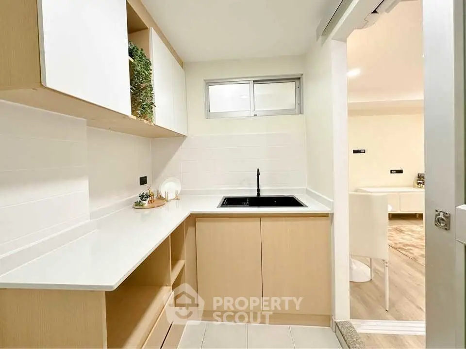 Modern kitchen with sleek cabinetry and black sink in a bright, minimalist design.
