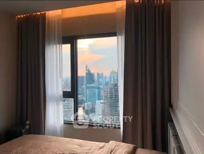 Luxurious bedroom with stunning city skyline view through large window