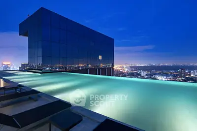 Stunning rooftop infinity pool with breathtaking city skyline views at dusk.
