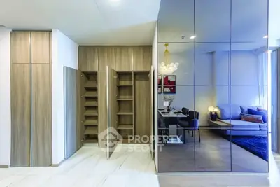 Modern living room with sleek storage and stylish decor