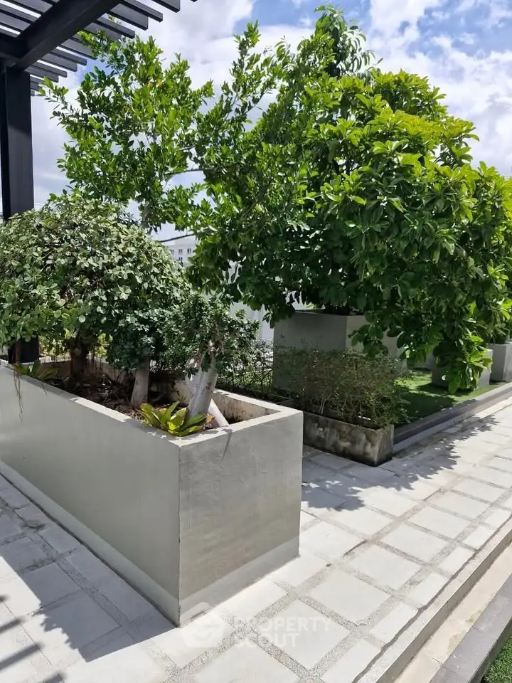 Beautifully landscaped garden area with lush greenery and modern planters, perfect for relaxation and outdoor enjoyment.