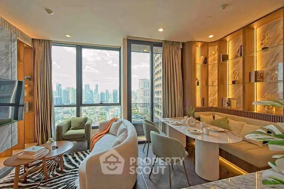 Luxurious modern living room with stunning city view, elegant furniture, and ambient lighting.