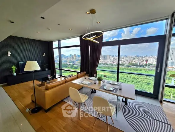 Luxurious living room with stunning city view and modern decor