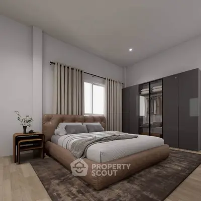 Modern bedroom with stylish furniture and ample natural light