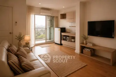 Charming living room with balcony access, modern decor, and natural light in a cozy apartment.