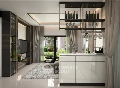 Luxurious modern living room with sleek bar area and garden view.
