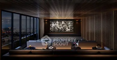 Luxurious home theater with city view, plush seating, and ambient lighting.