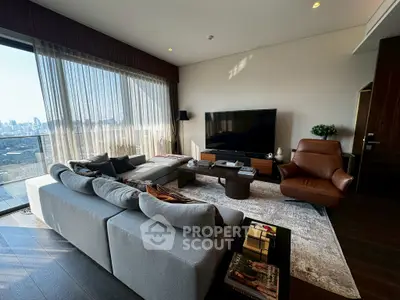 Luxurious living room with panoramic city view, modern furniture, and elegant decor.