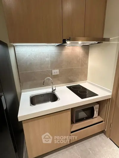 Modern compact kitchen with electric stove and microwave in sleek apartment