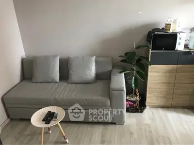 Cozy living room with modern gray sofa and compact kitchenette featuring microwave and kettle.