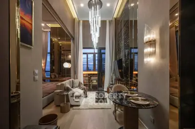 Luxurious modern living room with elegant decor and stunning city view