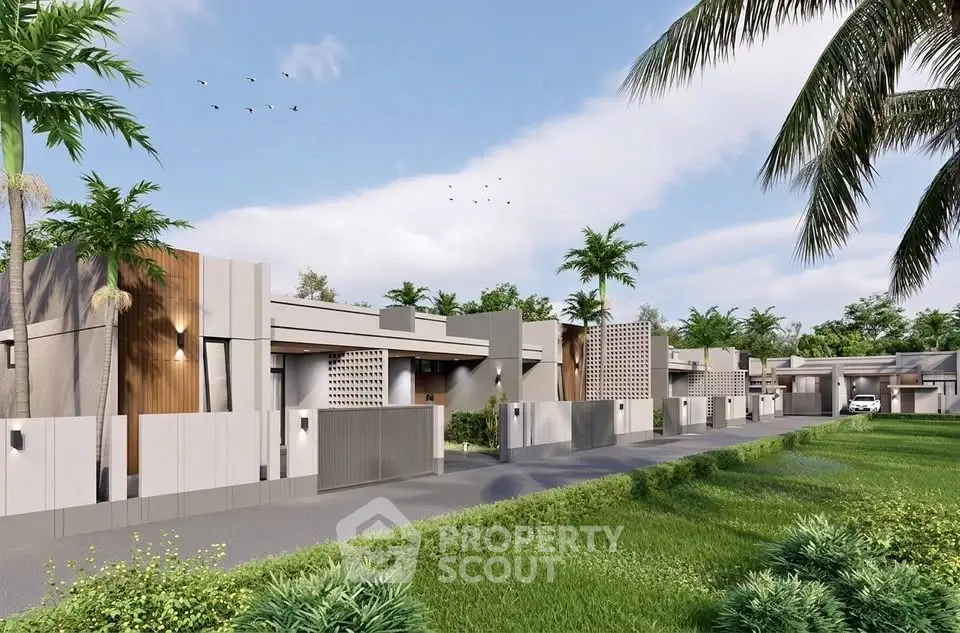Luxurious modern villas with lush greenery and palm trees, showcasing contemporary architecture and serene surroundings.
