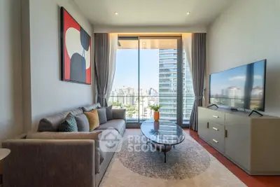 Modern living room with city view, stylish decor, and large windows in a high-rise apartment.