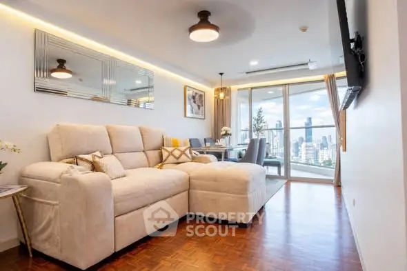Spacious modern living room with city view and elegant decor