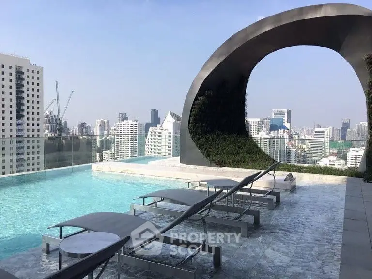 Stunning rooftop pool with city skyline view, modern design, and luxurious amenities.
