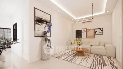 Modern living room with stylish decor, abstract art, and cozy seating area.