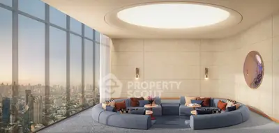 Luxurious modern living room with panoramic city view and stylish circular seating.