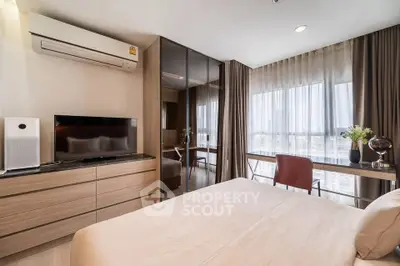 Modern bedroom with large window, stylish furniture, and air conditioning unit.