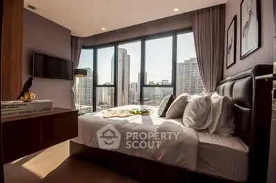 Luxurious bedroom with stunning city view and modern decor