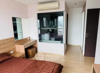 Modern bedroom with city view and stylish wooden furniture