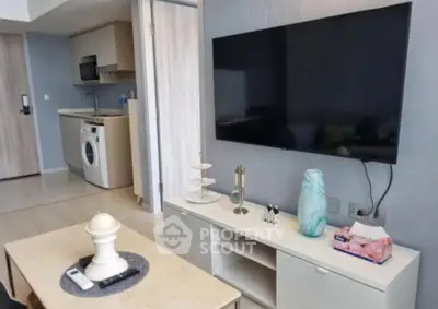 Modern living room with sleek TV setup and compact kitchen featuring washing machine.