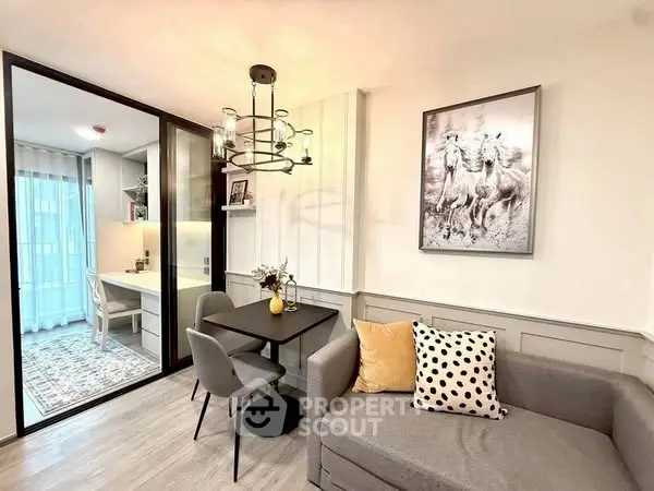 Modern living room with stylish decor and cozy seating area
