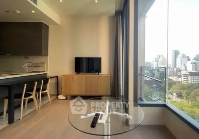 Modern living room with city view and stylish furniture