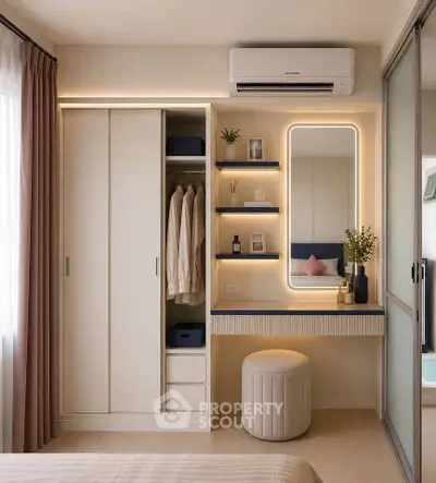 Modern bedroom with built-in wardrobe and stylish vanity area