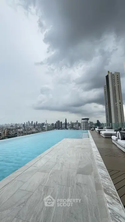 Luxurious rooftop infinity pool with stunning city skyline view, perfect for urban living enthusiasts.