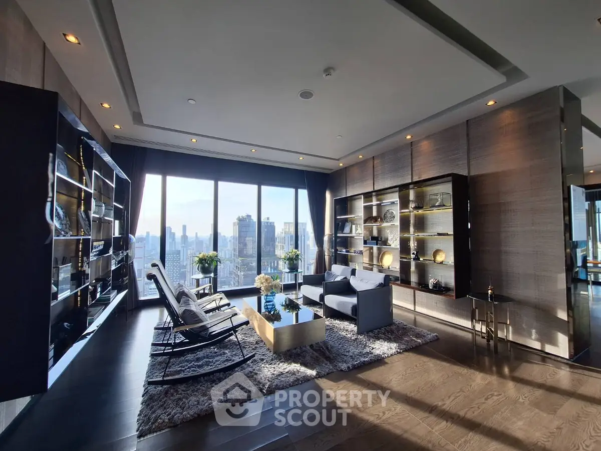 Luxurious living room with stunning city view, modern decor, and elegant shelving in high-rise apartment.