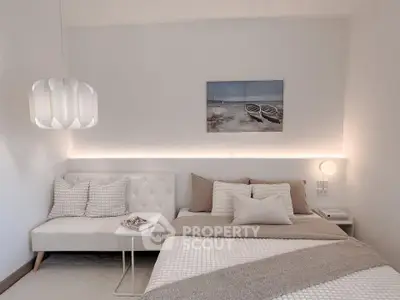 Elegant bedroom with modern decor and cozy lighting, featuring a stylish bed and chic wall art.