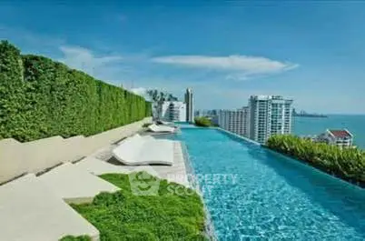 Luxurious rooftop pool with stunning ocean view and modern lounge chairs.