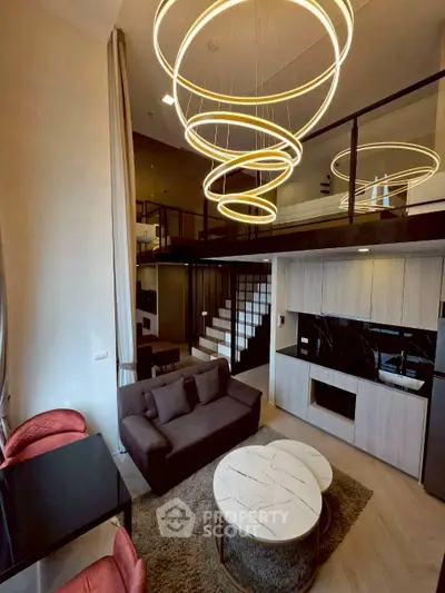 Luxurious modern living room with loft design and elegant lighting fixtures