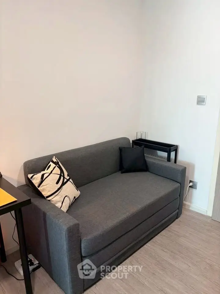 Cozy modern living room with stylish gray sofa and minimalist decor