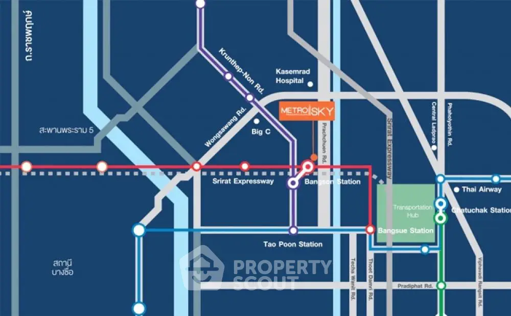 Map showing Metro Sky location near Bangsue Station and key transport links.