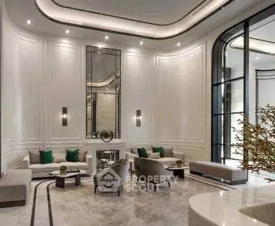 Luxurious modern living room with elegant decor and high ceilings, perfect for sophisticated gatherings.