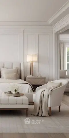 Luxurious bedroom with elegant decor and soft lighting, featuring a cozy armchair and plush bedding.