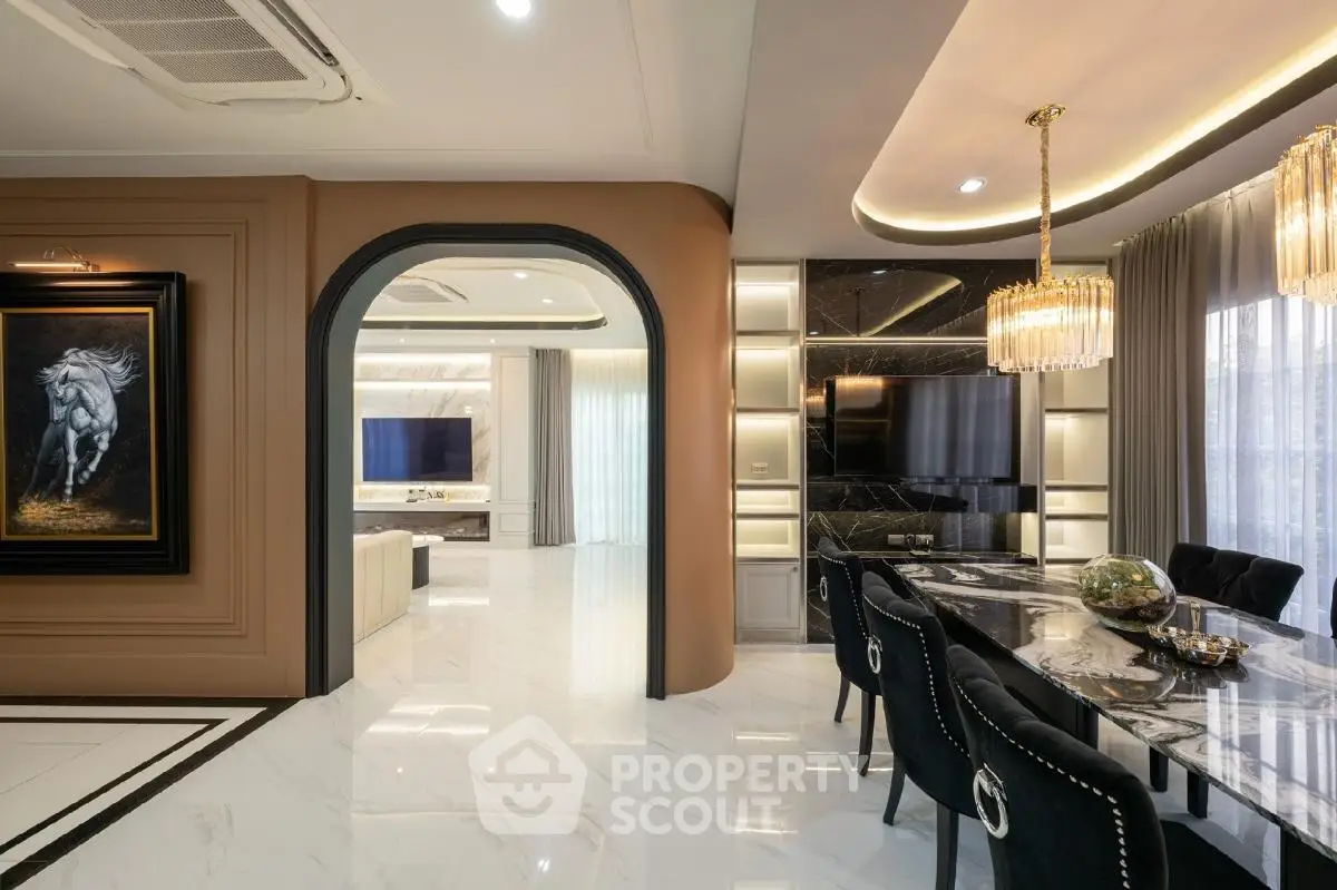 Luxurious modern dining room with elegant decor and marble flooring