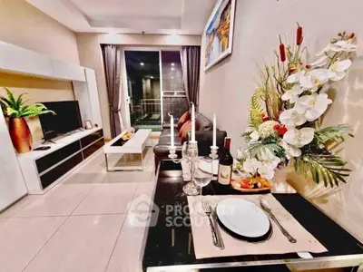 Modern living room with elegant dining setup and stylish decor