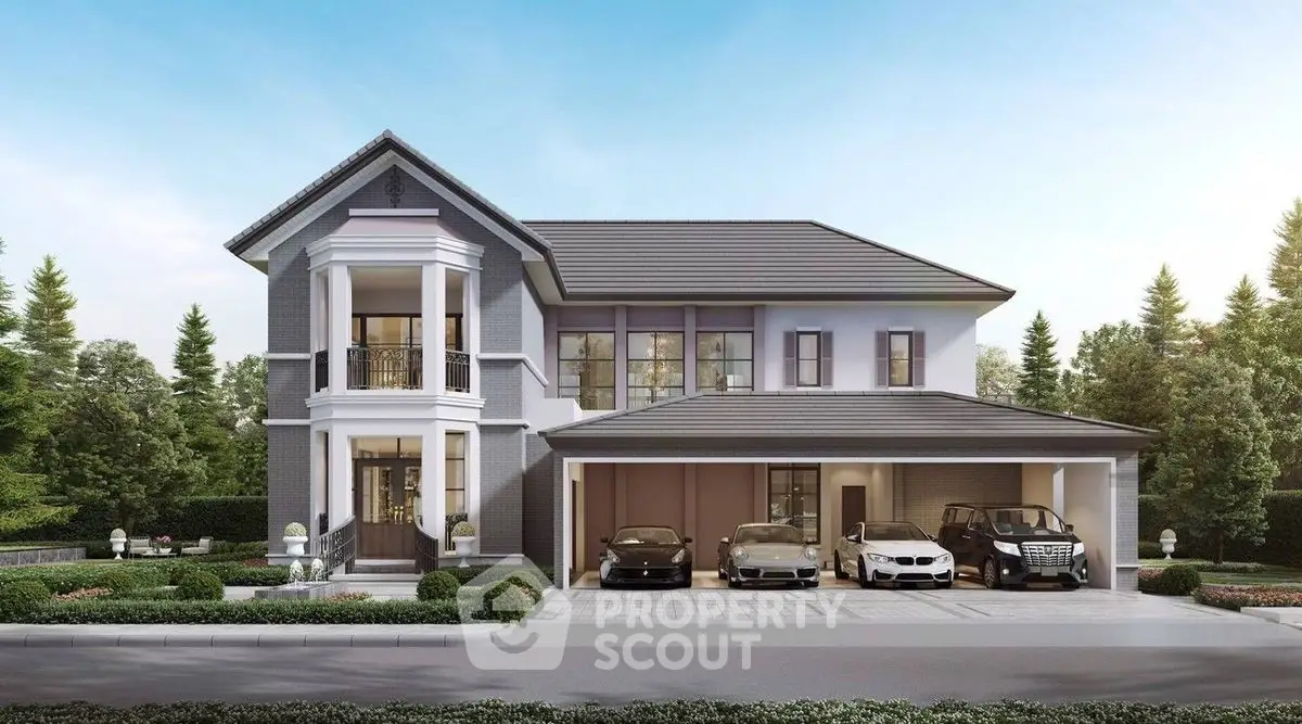 Luxurious modern two-story house with spacious driveway and elegant design.