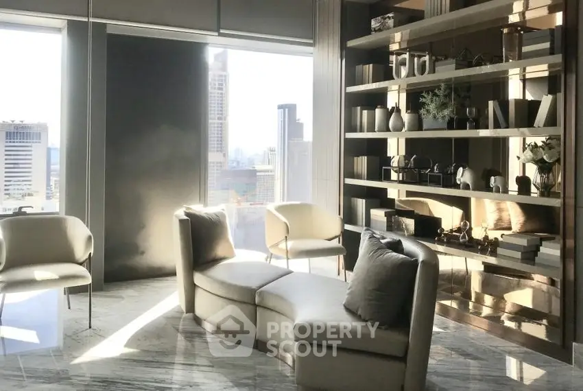 Luxurious modern living room with city view and elegant decor