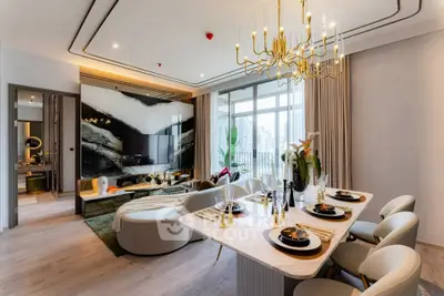 Luxurious modern living room with elegant dining area and city view balcony.