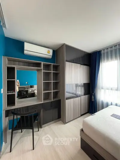 Modern bedroom with stylish furniture and natural light