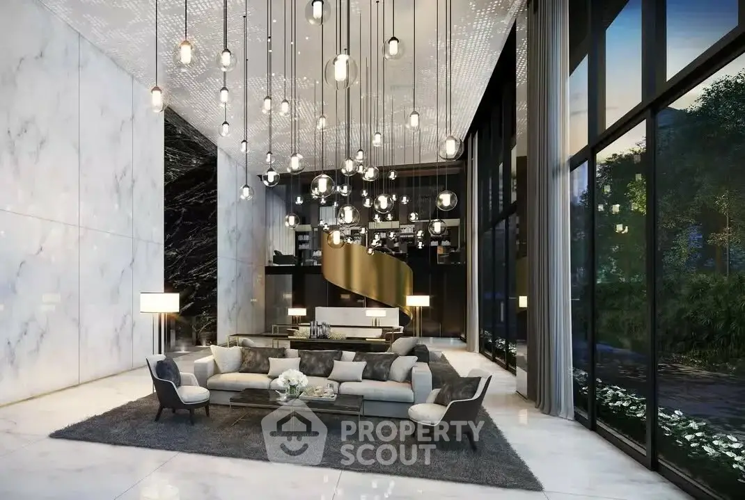 Luxurious modern living room with high ceilings and elegant lighting