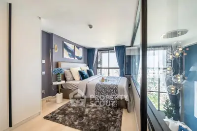 Luxurious modern bedroom with panoramic city view and elegant decor